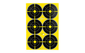 Yellow sheet with six black shooting targets.