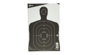 Black target practice silhouette with scoring zones.
