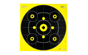 Black and yellow shooting target with circular patterns.