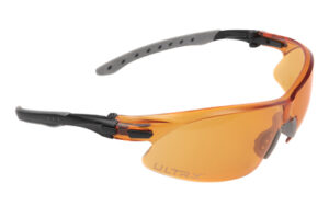 Orange safety glasses with adjustable gray arms.