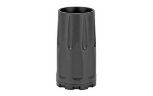 Black cylindrical metal suppressor muzzle device