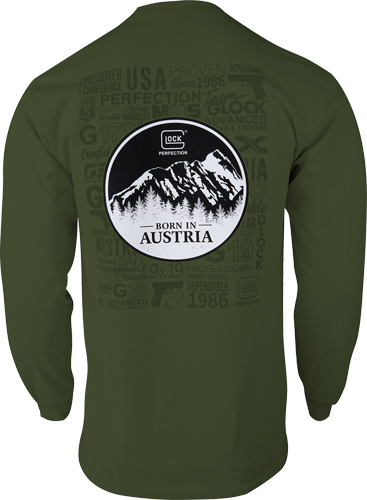 Green long-sleeve shirt with Austria mountain graphic.