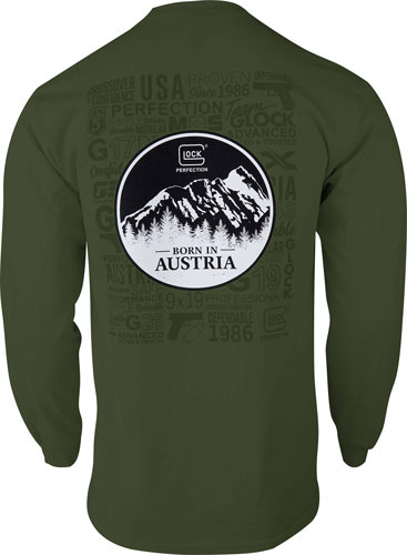 Green shirt with Austria mountain design on back.