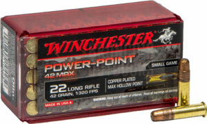 Winchester .22 LR ammunition, Power-Point box with bullets.
