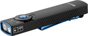 Black flashlight with laser feature and blue accents.