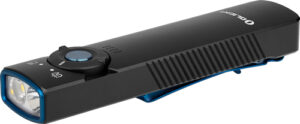 Black flashlight with blue accents and clip