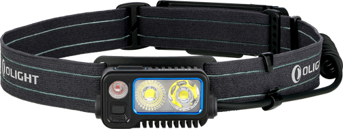 Olight headlamp with adjustable strap and dual lights.