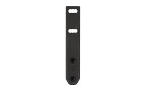 Black metal bracket with screw holes.