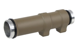 Brown cylindrical metal connector with threaded ends.