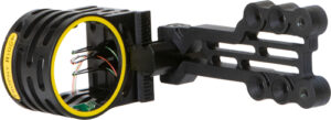 Black Trophy Ridge bow sight with yellow rim.