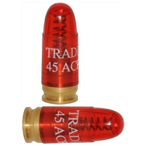 Red .45 ACP snap caps for dry fire practice.