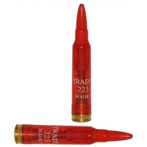 Two red .223 dummy rounds, side and upright view.
