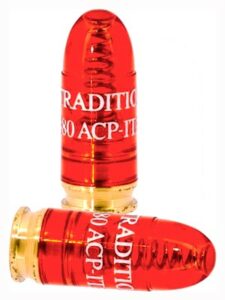 Red dummy bullet cartridges with text on sides