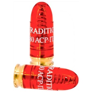 Red dummy bullet cartridges with text on sides