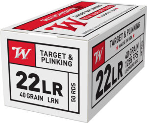 Winchester .22LR ammo box, 50 rounds, target use.