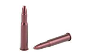 Two metallic red bullet-shaped objects on white background.