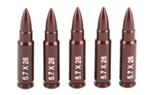 Five 5.7x28mm ammunition bullets arranged in a row.