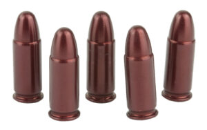 Five red bullet-shaped objects displayed upright