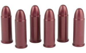 Six red dummy bullets lined up in a row.