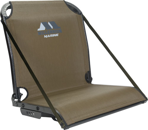 Brown folding marine seat with logo.