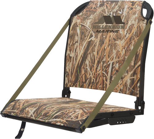 Camouflage boat seat with support straps.
