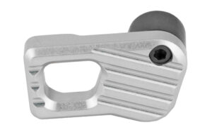 Silver aluminum gun part with grooves and screw.