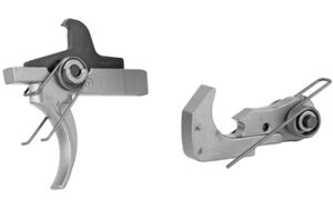 Rifle trigger mechanism components on white background.