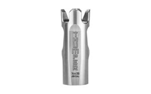 Silver metal muzzle device labeled Thumper 308 caliber.