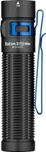 Black flashlight with textured grip and blue clip.