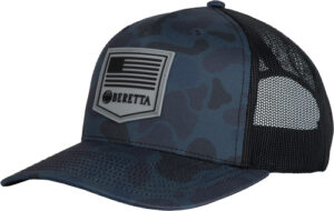 Camouflage mesh cap with American flag patch.