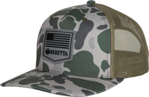Camo trucker hat with patch and mesh back.