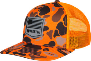 Orange camo trucker cap with patch design