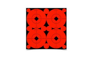 Red shooting target with four bullseyes