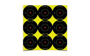 Shooting targets with black circles on yellow background.