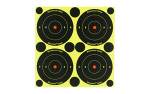 Four black shooting targets on neon-yellow background.