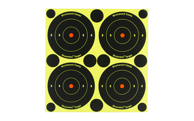 Four black shooting targets on neon-yellow background.