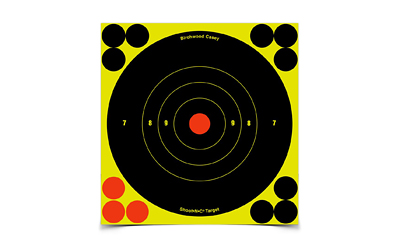 Yellow and black shooting target with scoring rings.