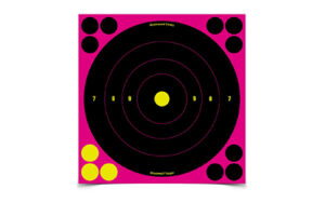 Black and pink shooting target with scoring rings.