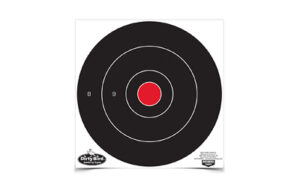 Black and red shooting target with numbered rings.