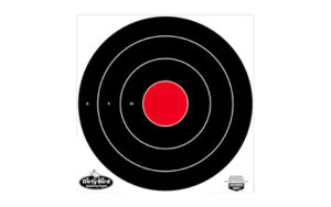 Shooting target with concentric circles and red center.