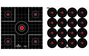 Shooting targets with red centers on grid background.