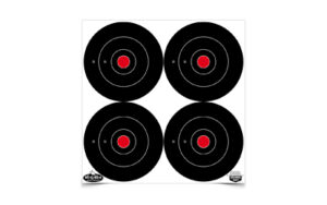Four black shooting targets with red centers.