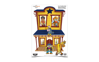 Cartoon cowboy shooting targets with saloon backdrop.