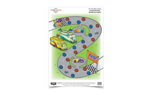 Children's racecar-themed play mat with toy cars.
