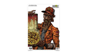 Zombie holding pizza box with pizza slice missing.