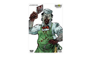 Zombie butcher holding bloody cleaver in apron.