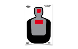 Silhouette shooting target with red center highlights.