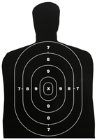 Silhouette shooting target with numbered rings for practice.