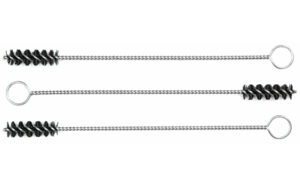 Three metal tube cleaning brushes with black bristles.