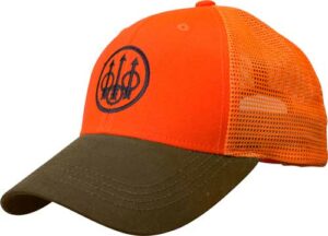 Orange mesh cap with logo, brown brim.